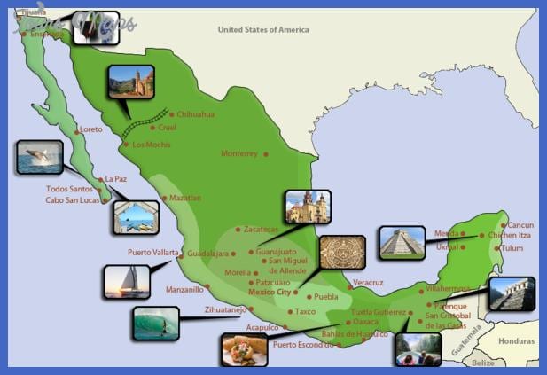 žemėlapis Meksikos turistinių vietų