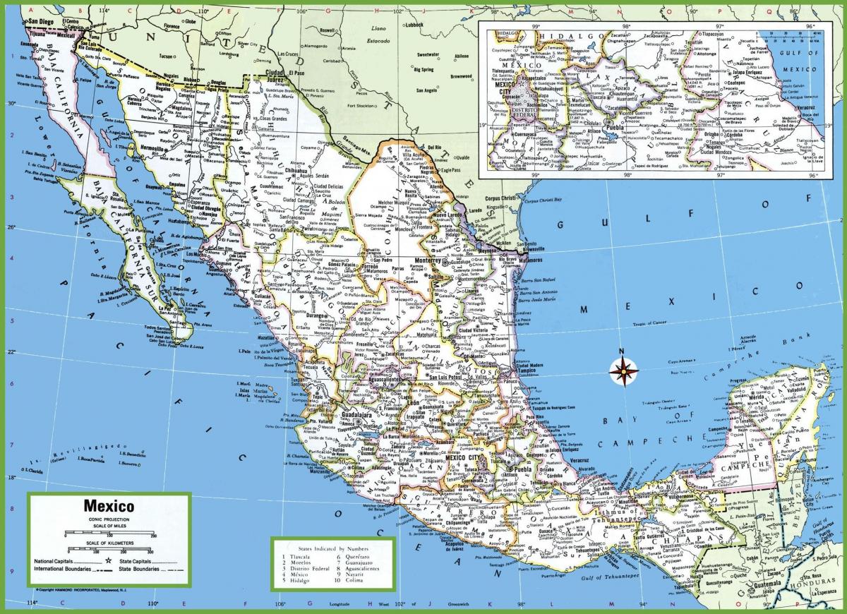 miestų Meksikos žemėlapis
