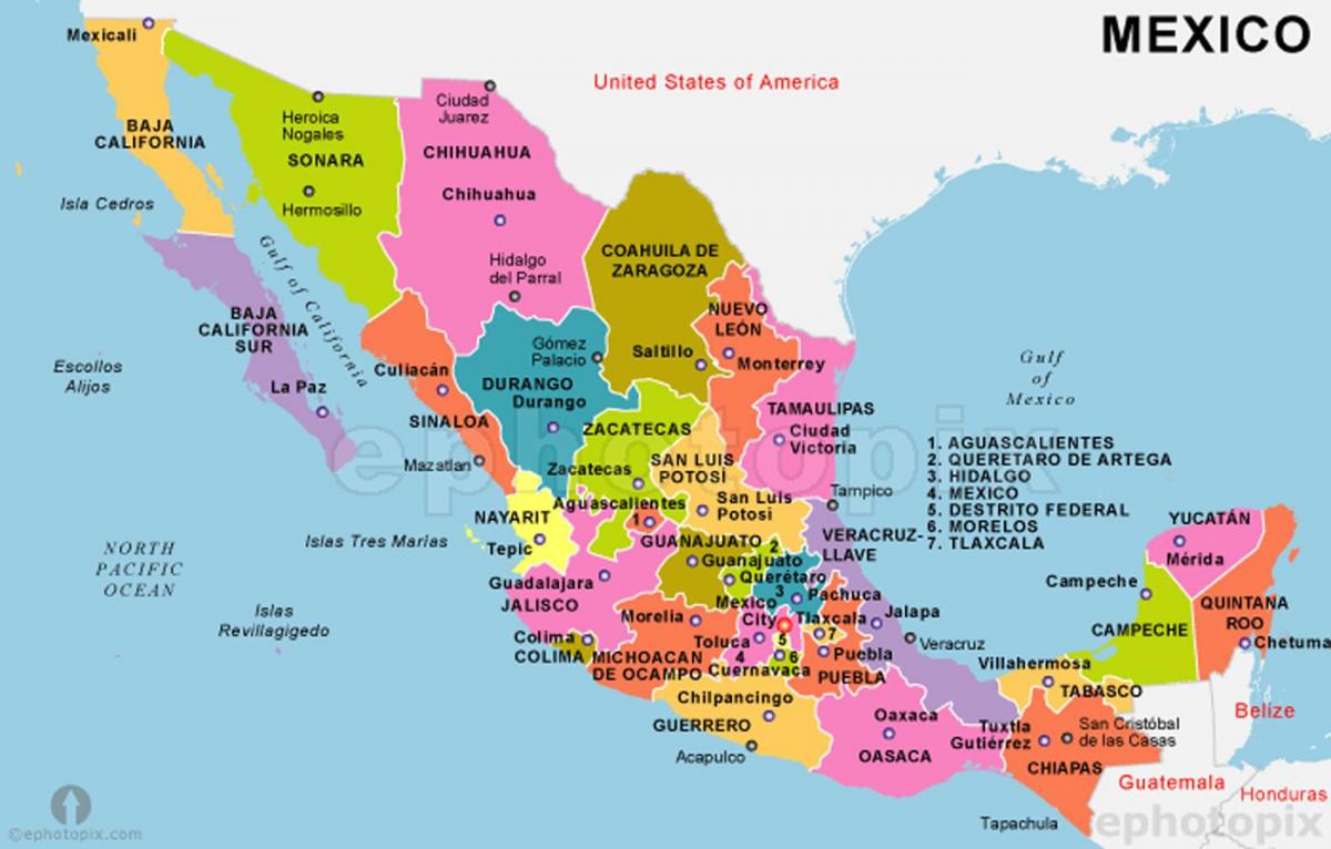 Meksikos žemėlapis, kuriame valstybių ir sostinių